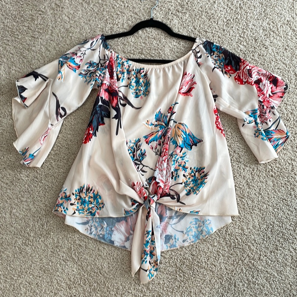 Floral Tie-Front Off-Shoulder Blouse - Cream/Multicolor
